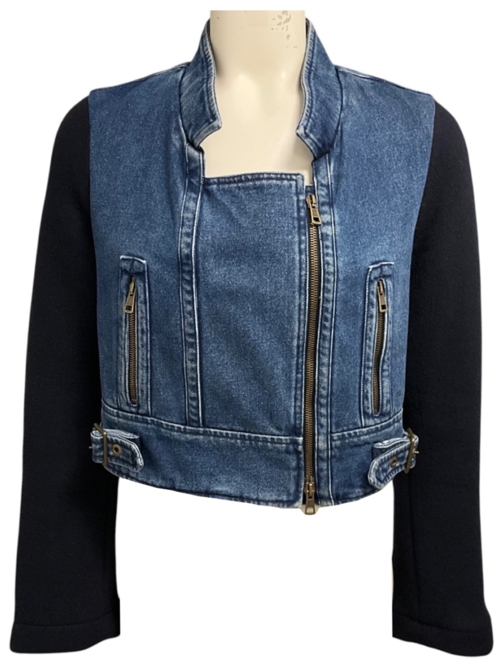 Chloe Vintage Blue Dual Zipper Front Denim Jacket with Navy Wool and Angora Kni